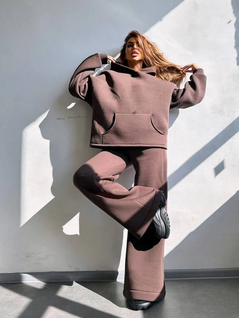 Oversized Hoodie&Trousers Solid Color 2Pcs