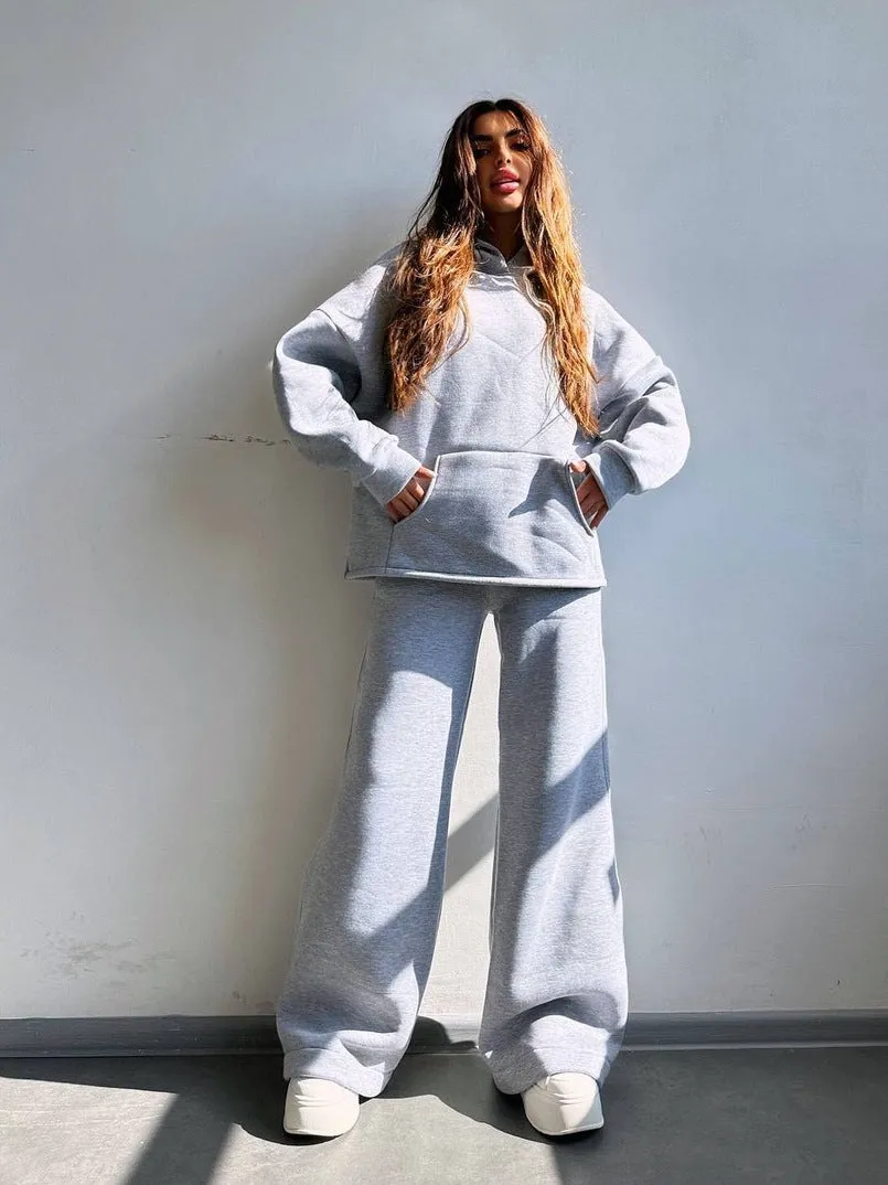 Oversized Hoodie&Trousers Solid Color 2Pcs