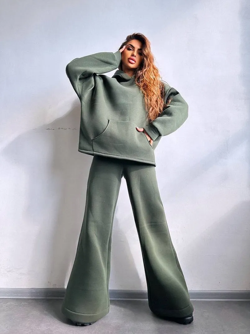 Oversized Hoodie&Trousers Solid Color 2Pcs