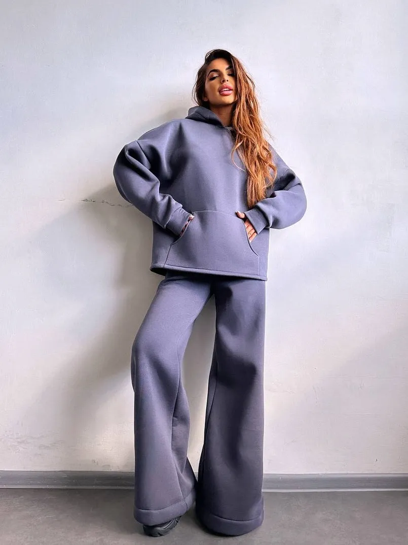 Oversized Hoodie&Trousers Solid Color 2Pcs