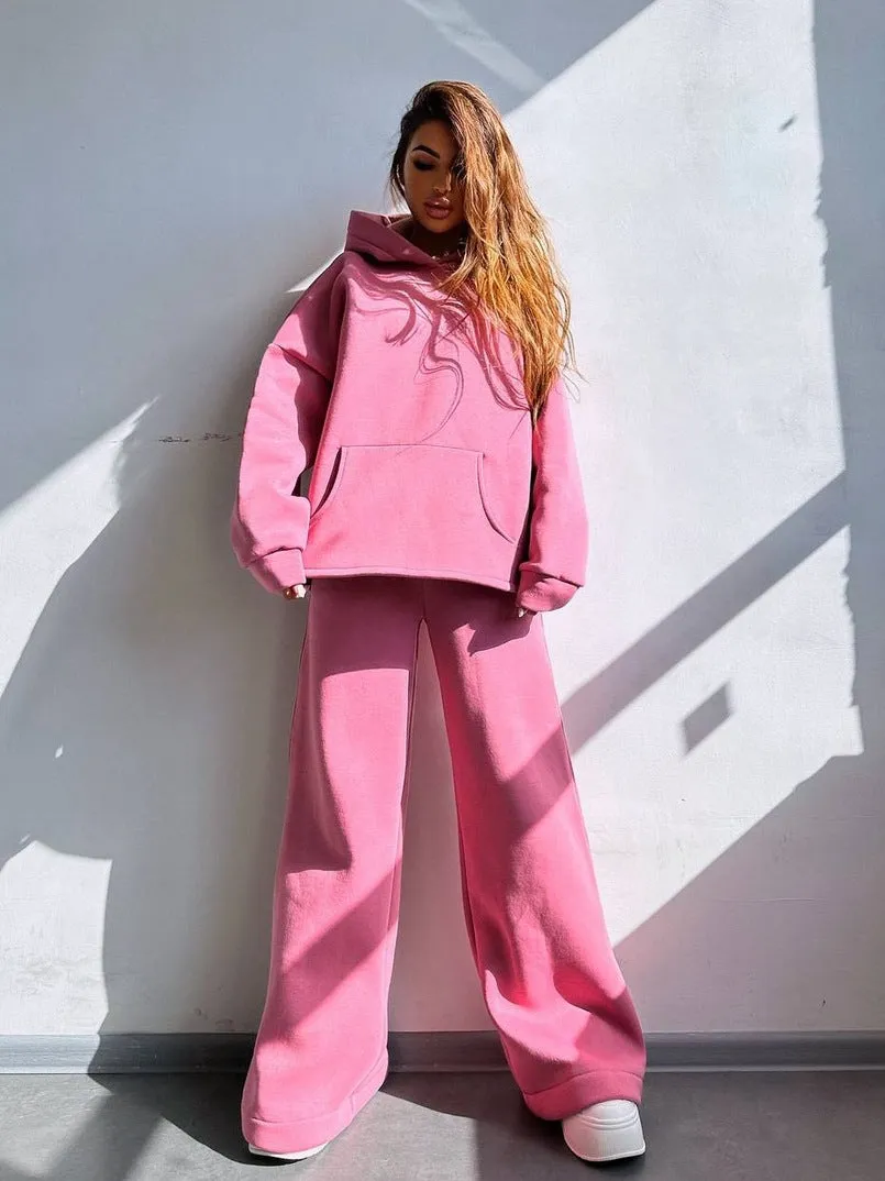 Oversized Hoodie&Trousers Solid Color 2Pcs