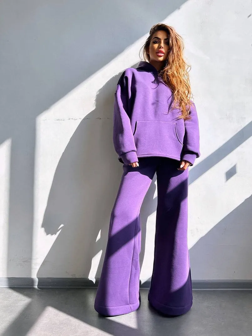 Oversized Hoodie&Trousers Solid Color 2Pcs