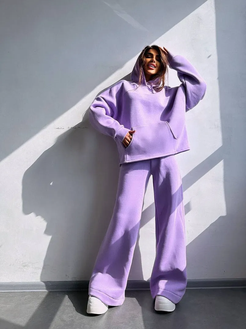 Oversized Hoodie&Trousers Solid Color 2Pcs