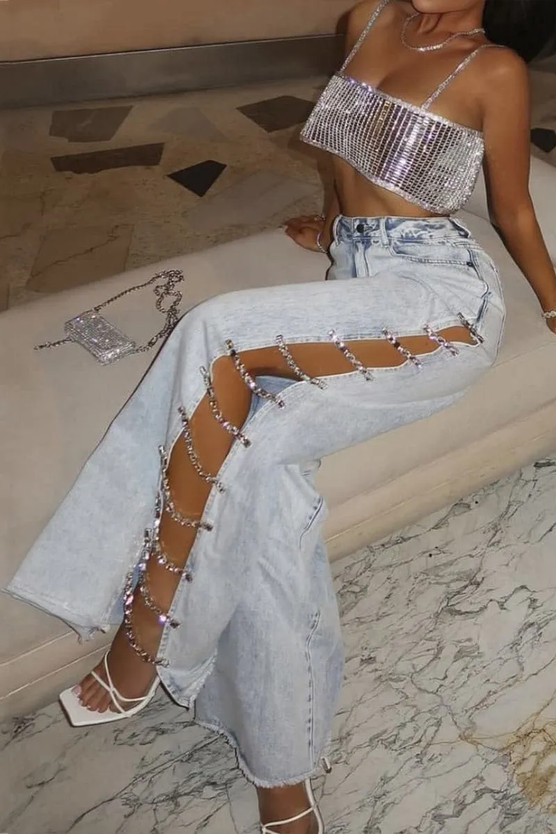 PC379 Rhinestones Wide Leg Jeans