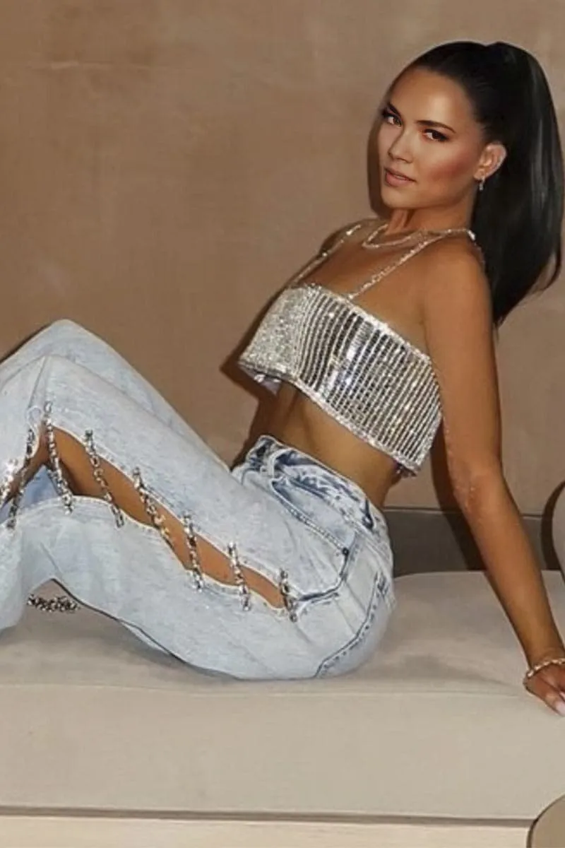 PC379 Rhinestones Wide Leg Jeans