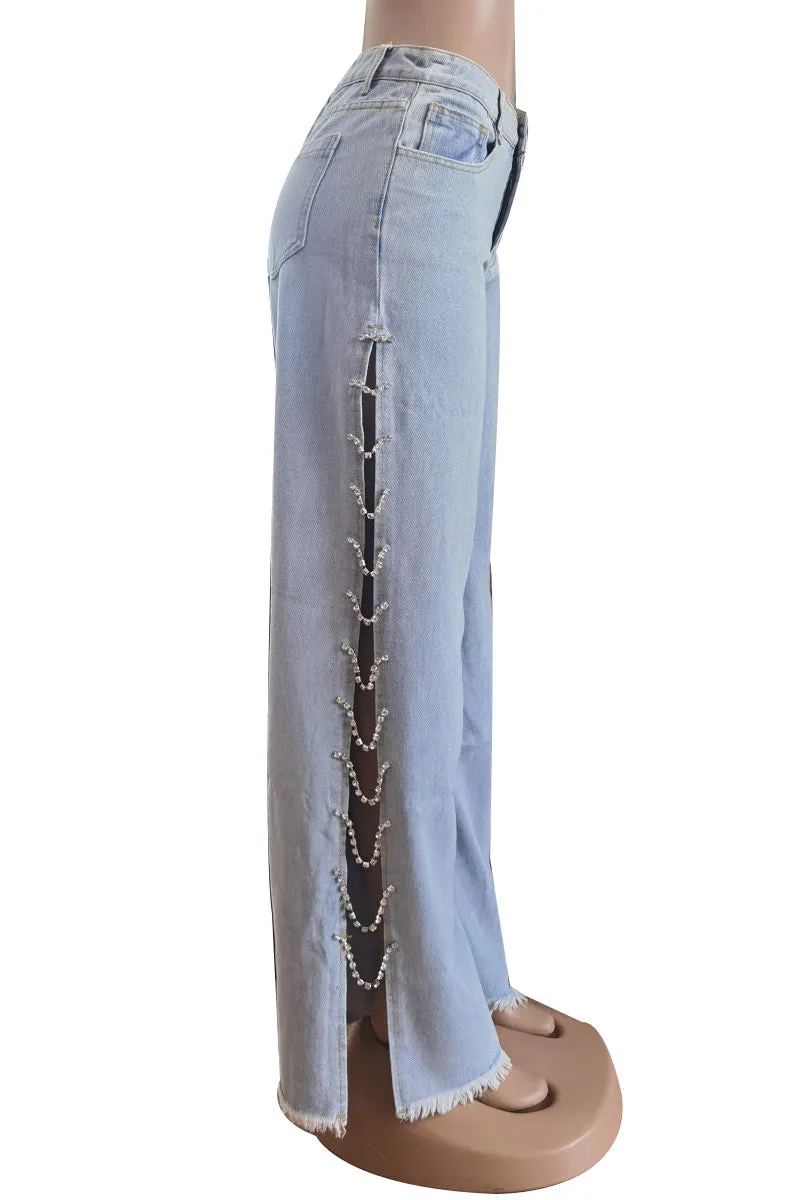 PC379 Rhinestones Wide Leg Jeans