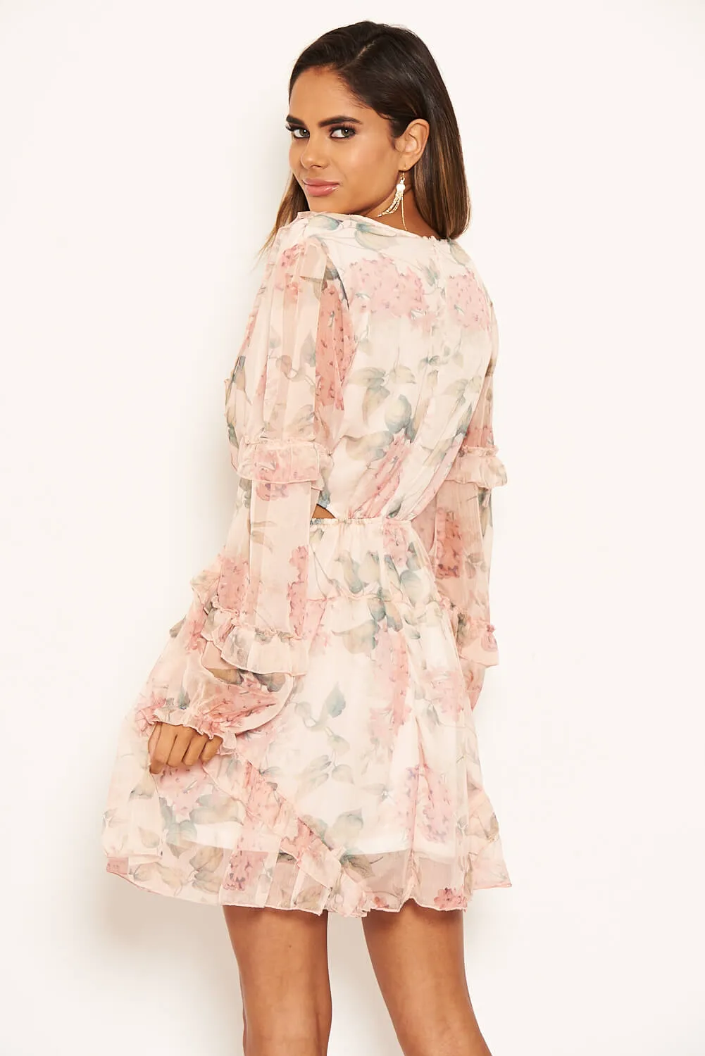 Peach Floral Cut Out Frill Sheer Dress