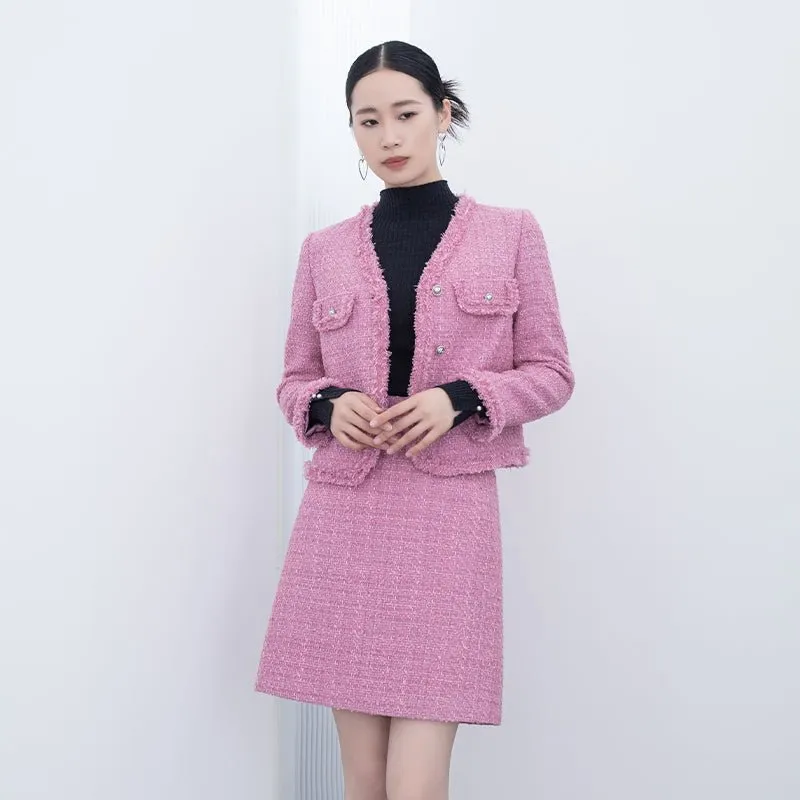 Pink Tweed V Neck Short Coats