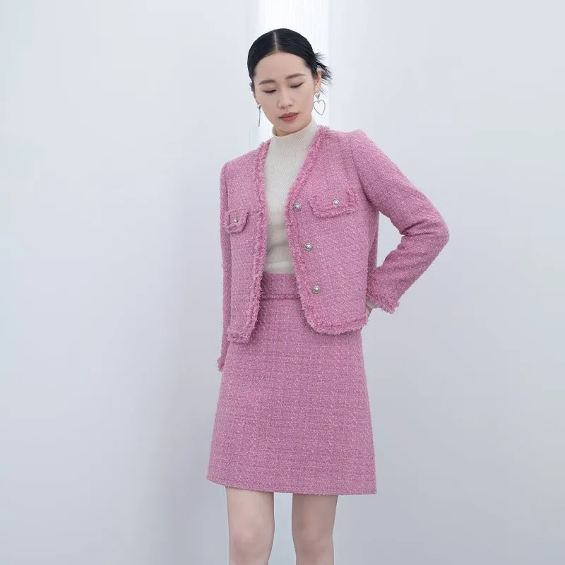 Pink Tweed V Neck Short Coats