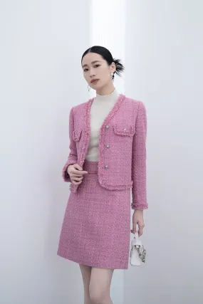 Pink Tweed V Neck Short Coats