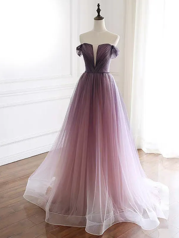 Purple pink v neck off shoulder tulle gradient prom dress