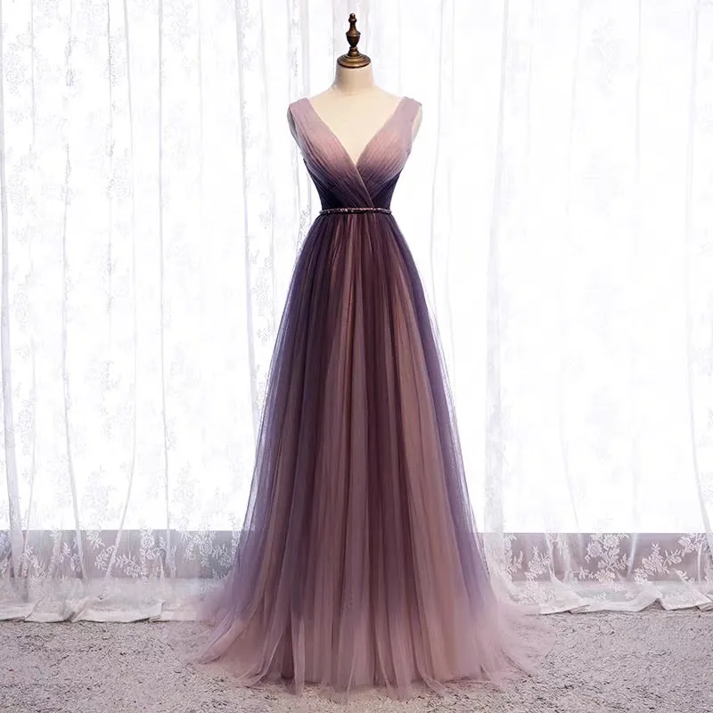 Purple pink v neck off shoulder tulle gradient prom dress