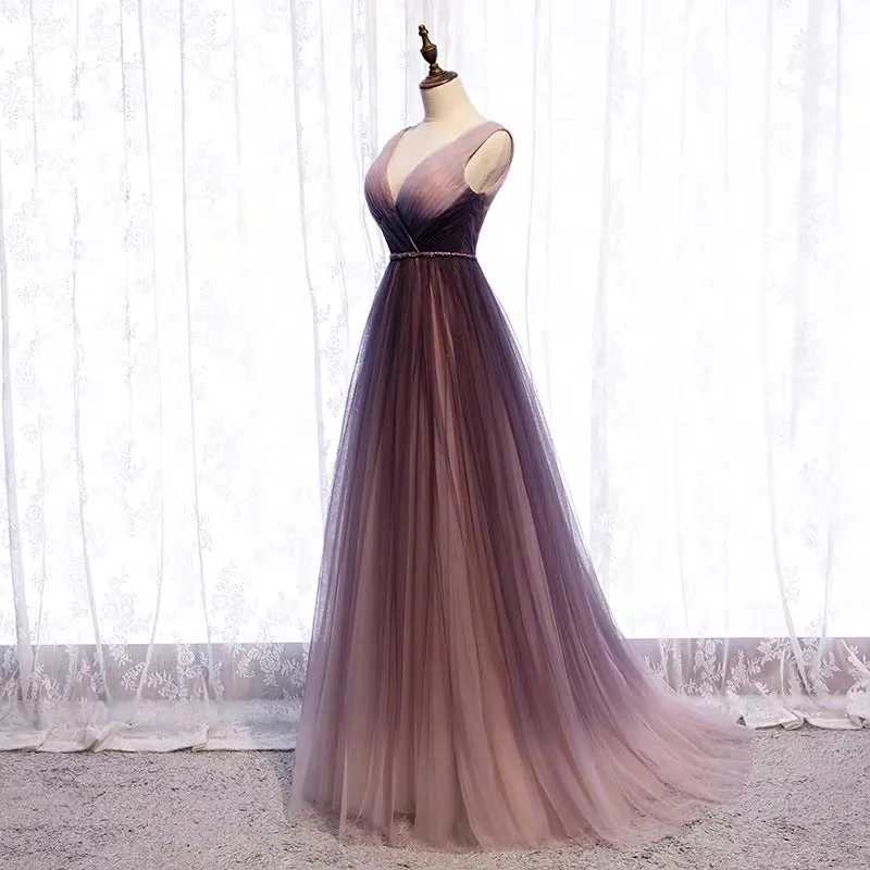 Purple pink v neck off shoulder tulle gradient prom dress