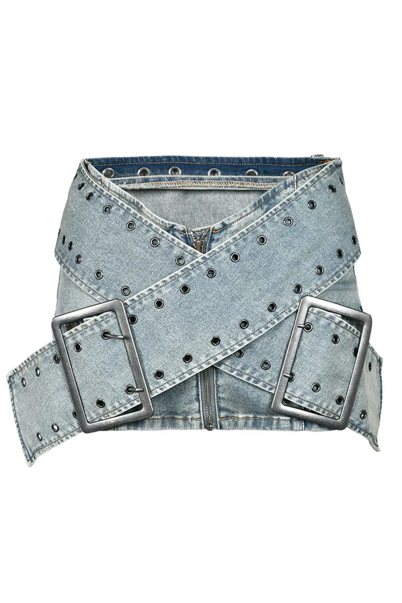 QH0189 Belted Denim Mini Skirt