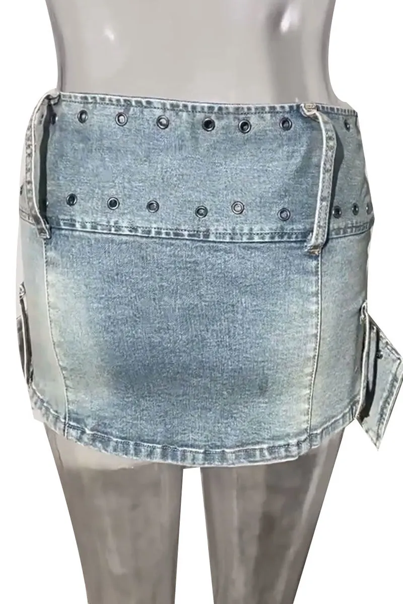 QH0189 Belted Denim Mini Skirt