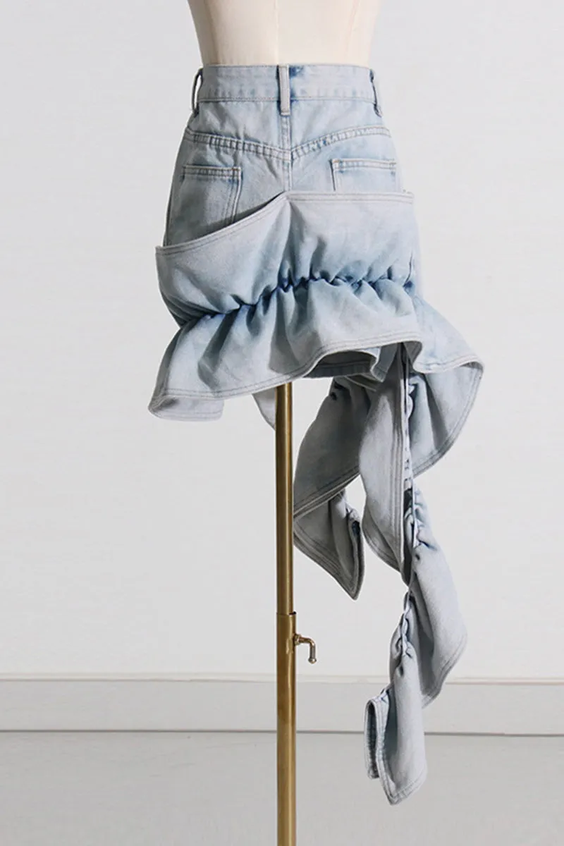 QJ0209 Ruffled Denim Short Skirt