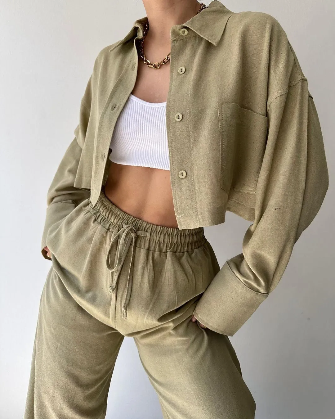 Solid Color Long Sleeves Shirt & Drawstring Pants Suit