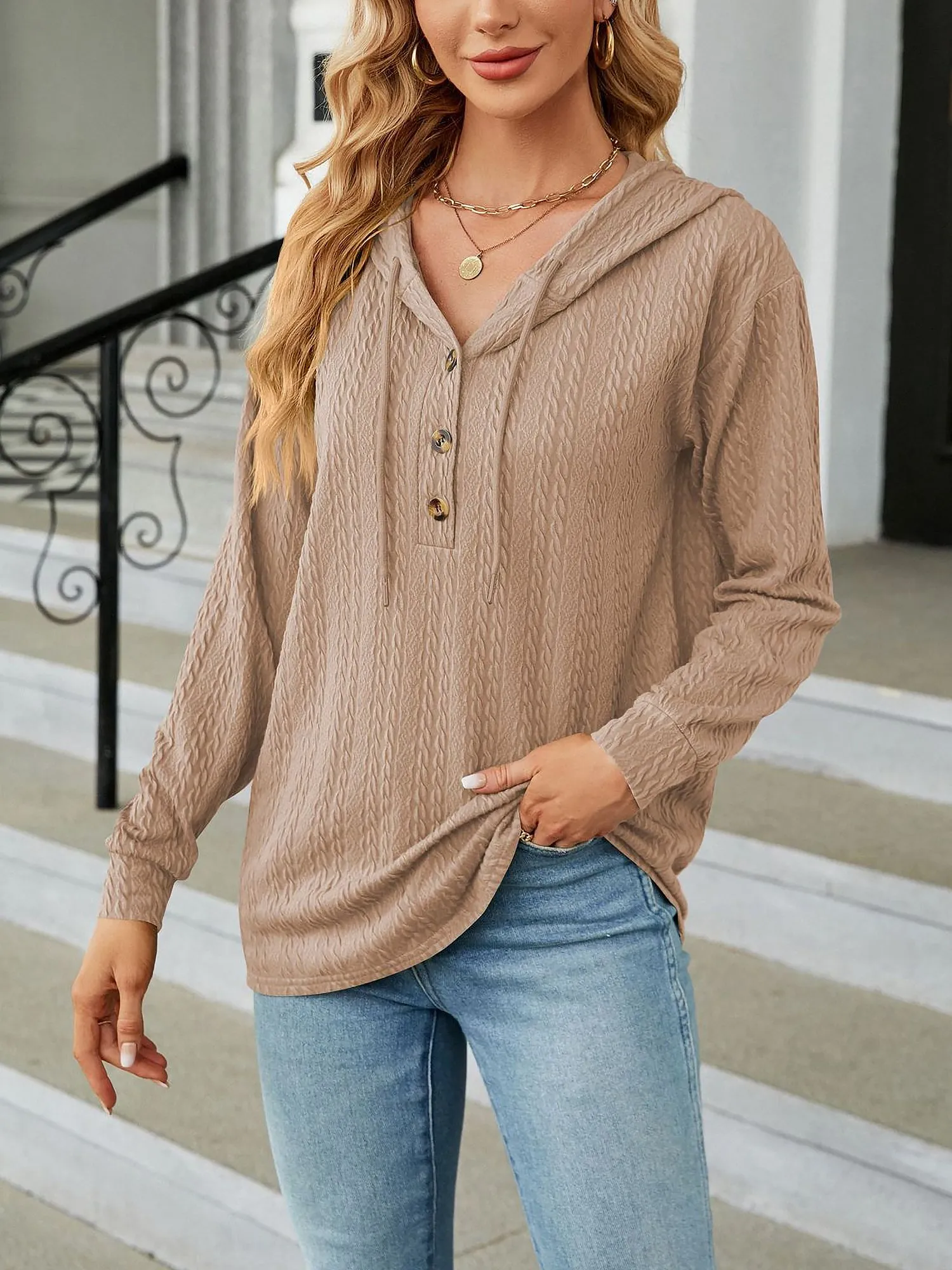 Solid Color Textured Long Sleeve Buttoned Hoodies