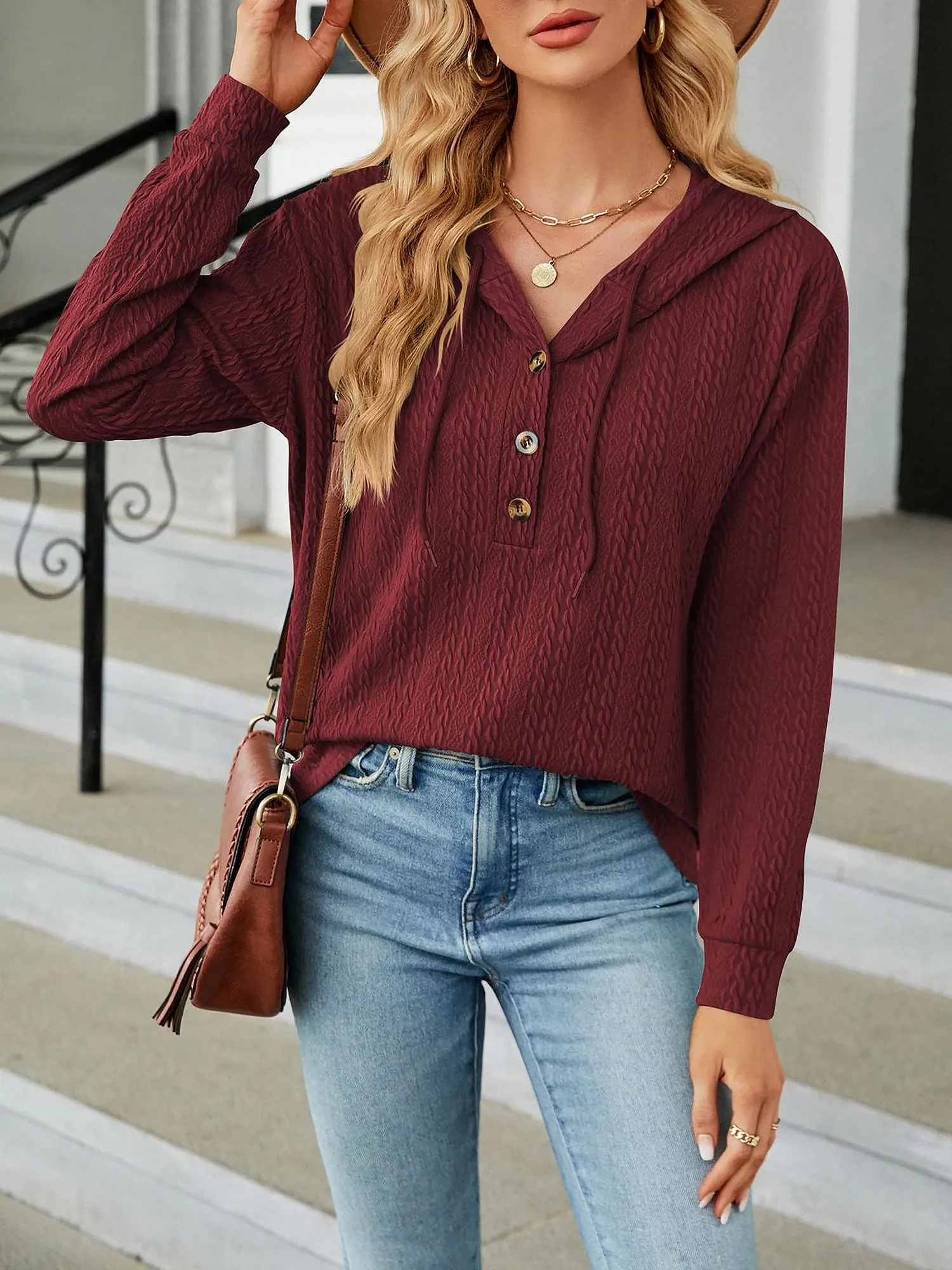 Solid Color Textured Long Sleeve Buttoned Hoodies