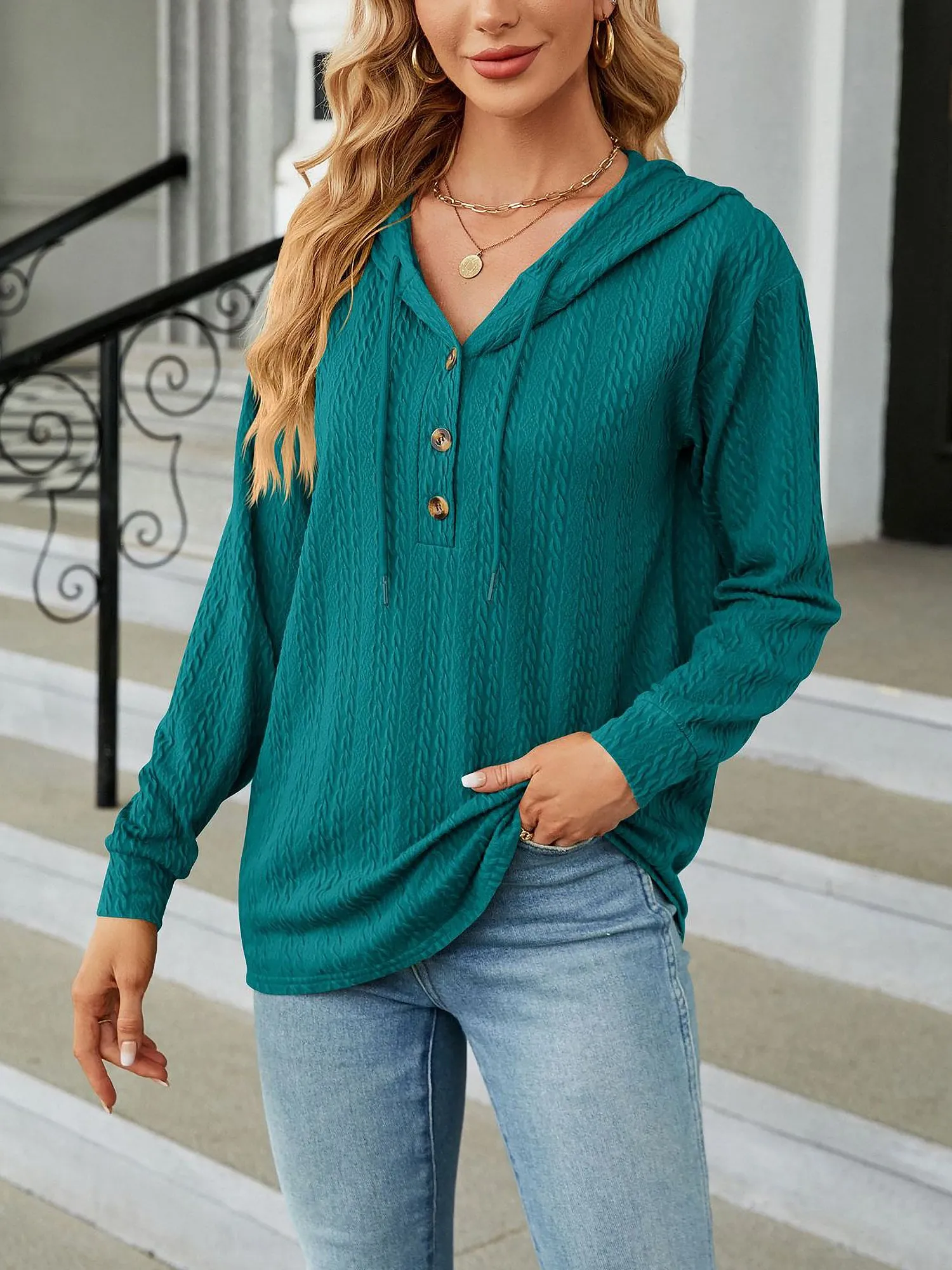 Solid Color Textured Long Sleeve Buttoned Hoodies