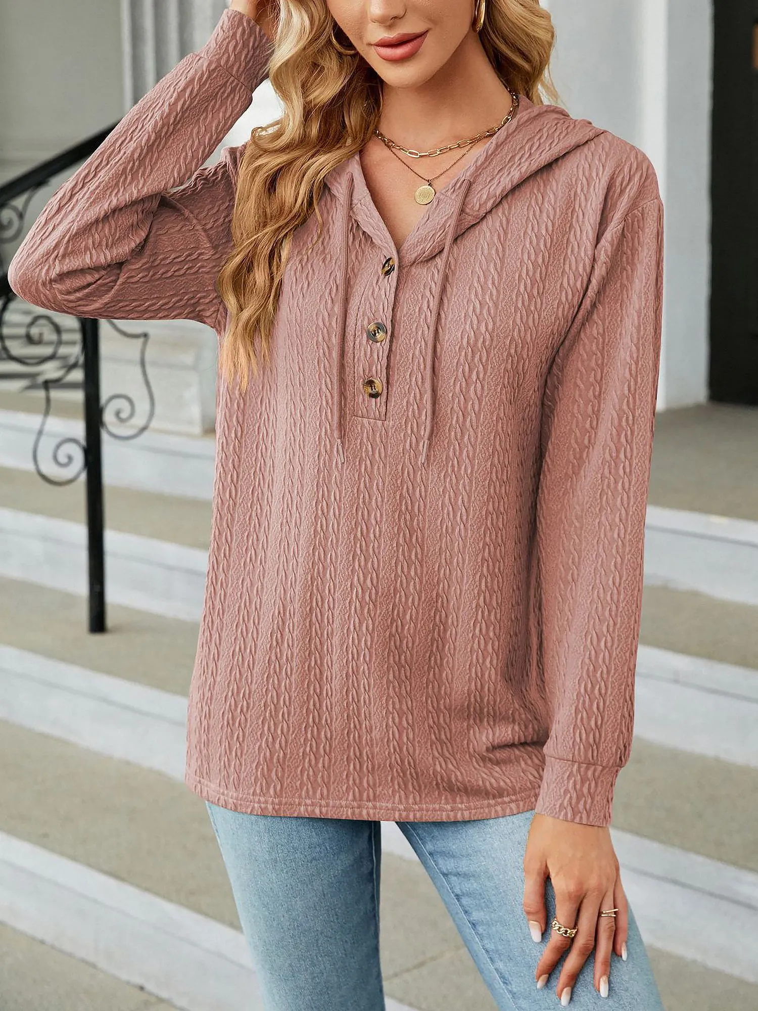 Solid Color Textured Long Sleeve Buttoned Hoodies