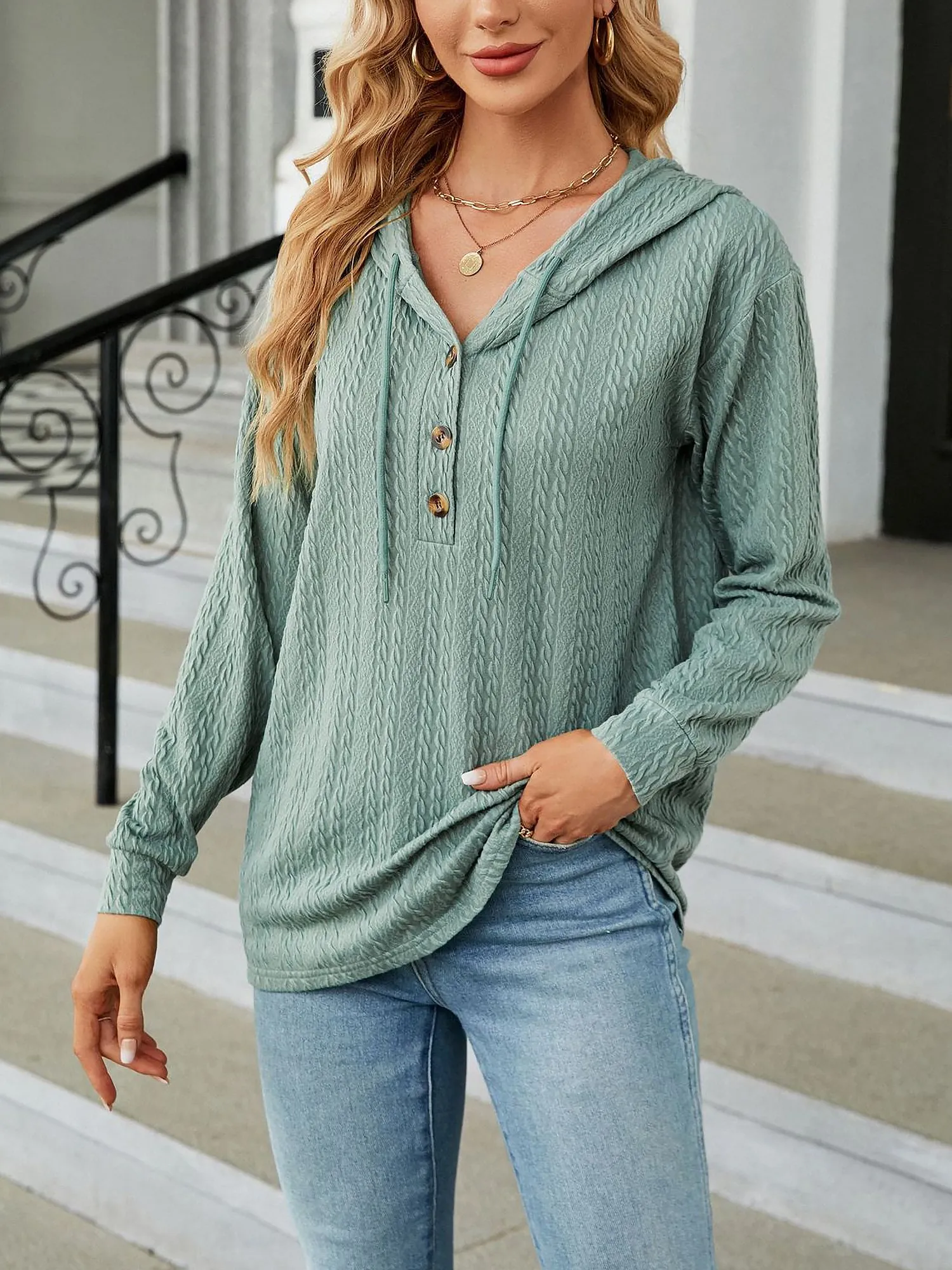 Solid Color Textured Long Sleeve Buttoned Hoodies