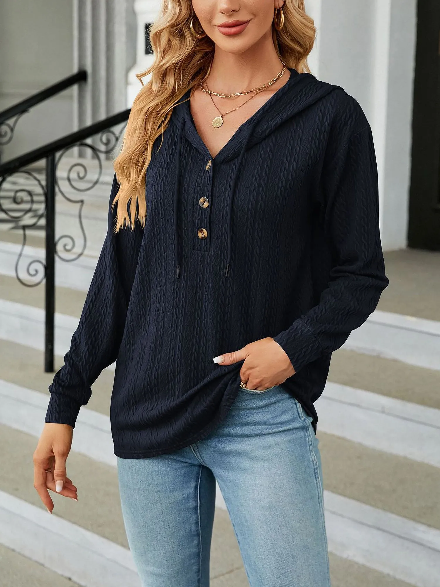 Solid Color Textured Long Sleeve Buttoned Hoodies