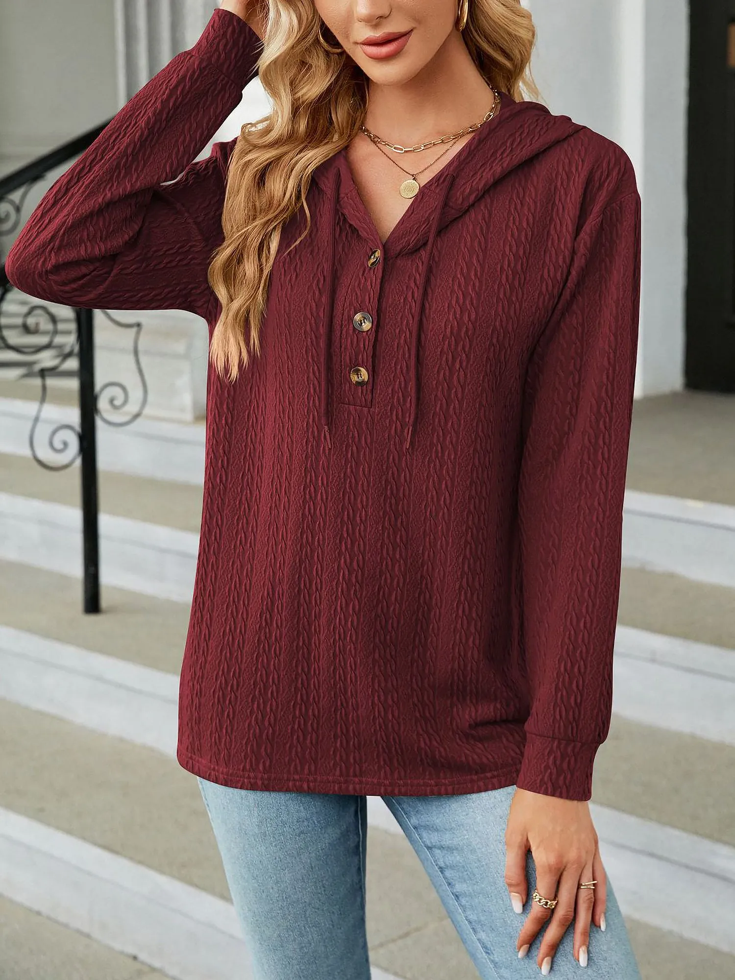 Solid Color Textured Long Sleeve Buttoned Hoodies