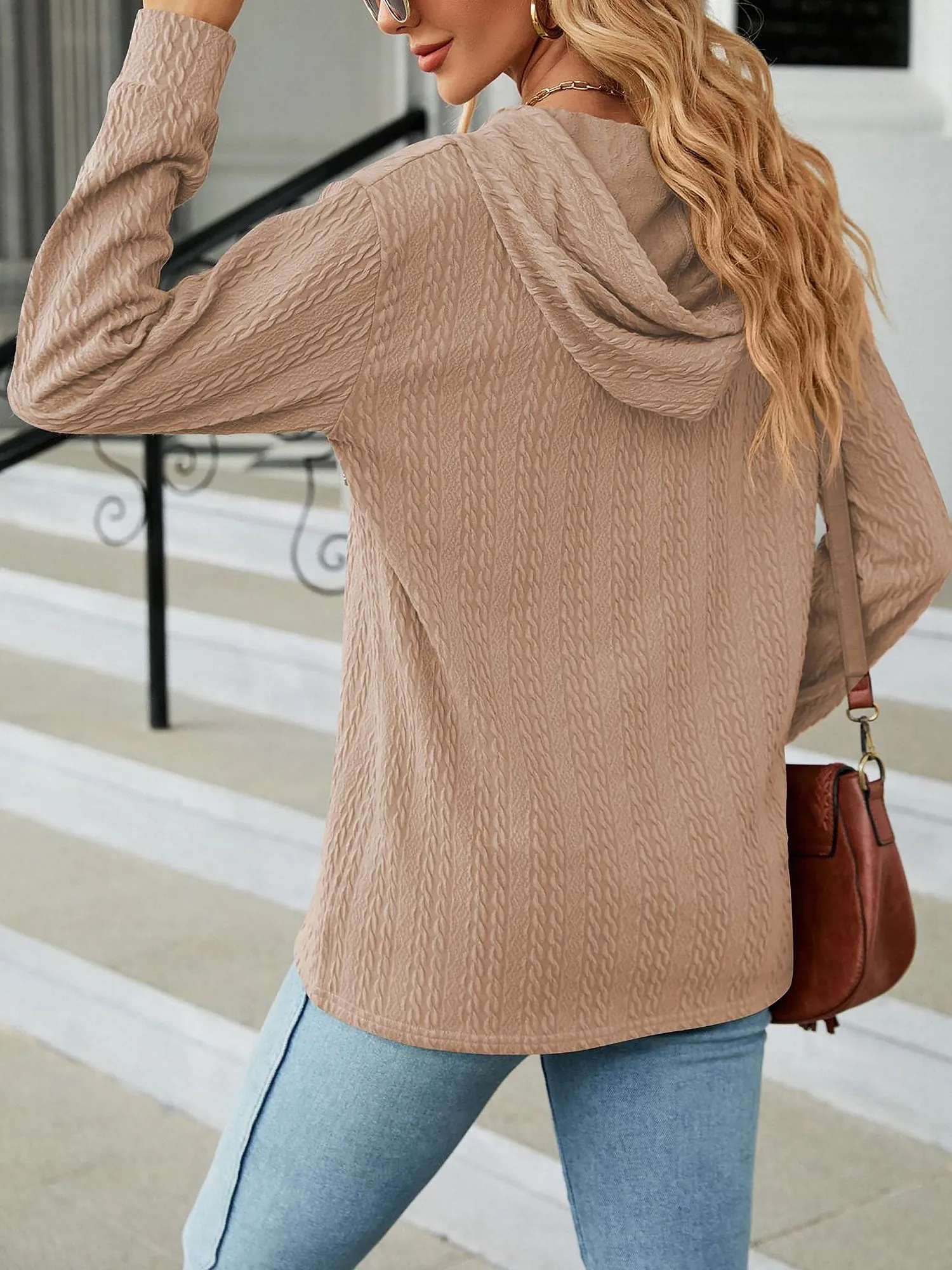 Solid Color Textured Long Sleeve Buttoned Hoodies