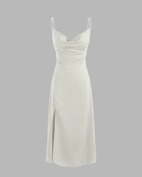 Solid Cowl Neck Slit Midi Dress in Off-White