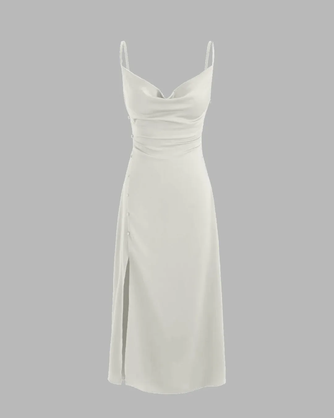 Solid Cowl Neck Slit Midi Dress in Off-White