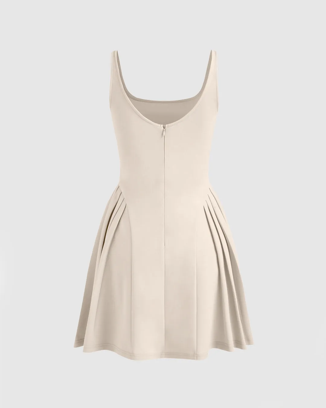 Square Neck Solid Pleated Cami Off-White Mini Dress