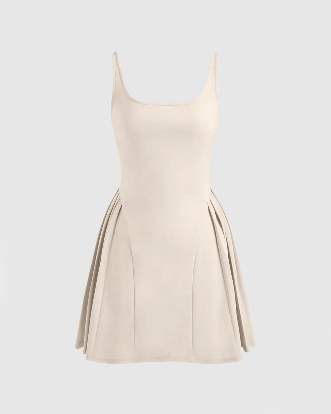 Square Neck Solid Pleated Cami Off-White Mini Dress