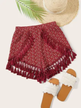 Tassel Trim Geo Print Wrap Shorts