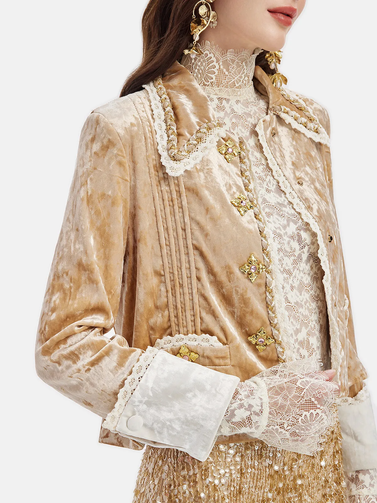 Velvet Lace Trim Short Jacket