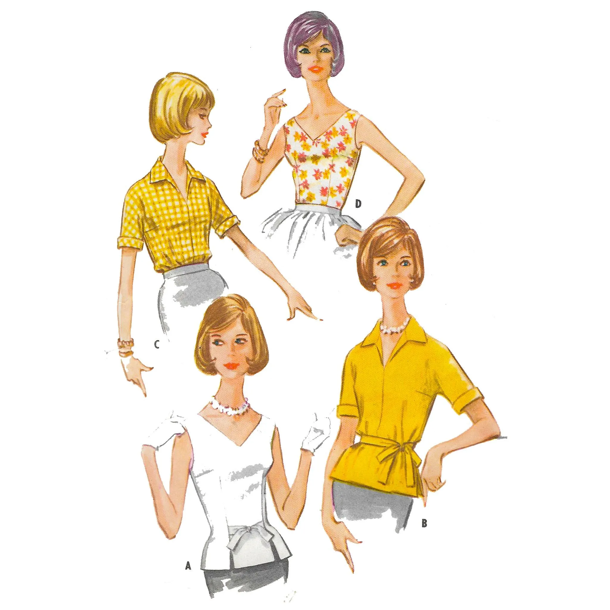 Vintage 1960s Pattern – Sleeveless Blouses, Tops - Four Styles - Bust 36" (91.4cm)