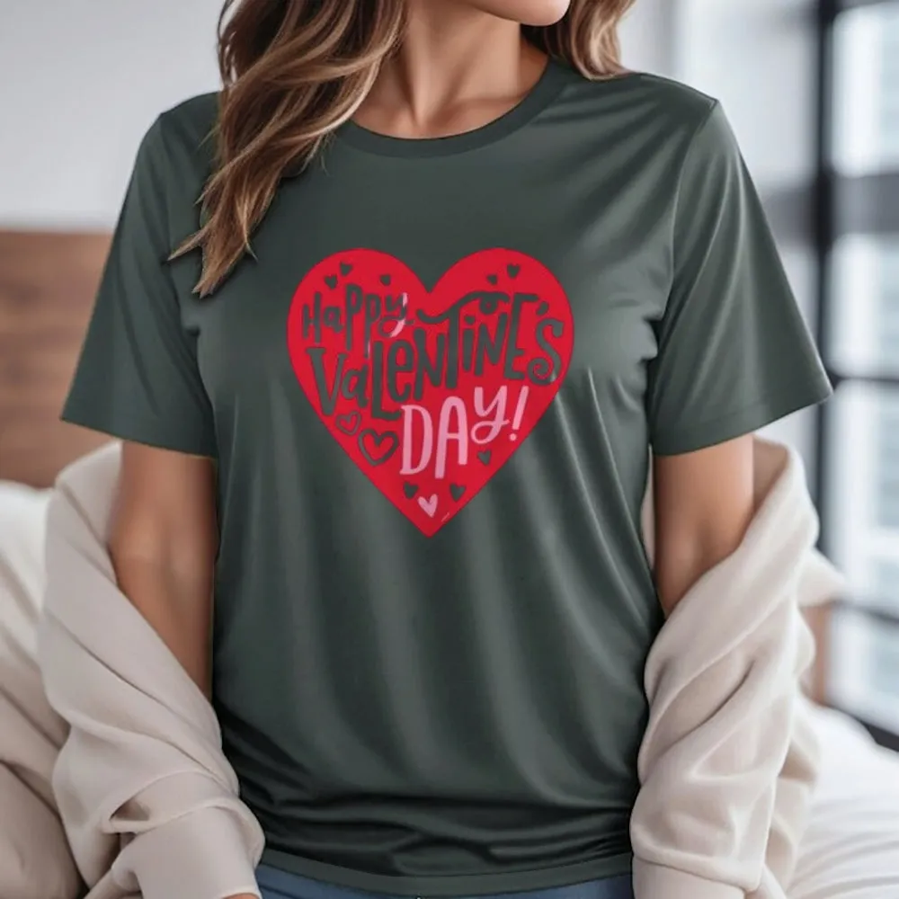 Women Happy Valentine's Day Heart Shape Print Graphic T-shirt