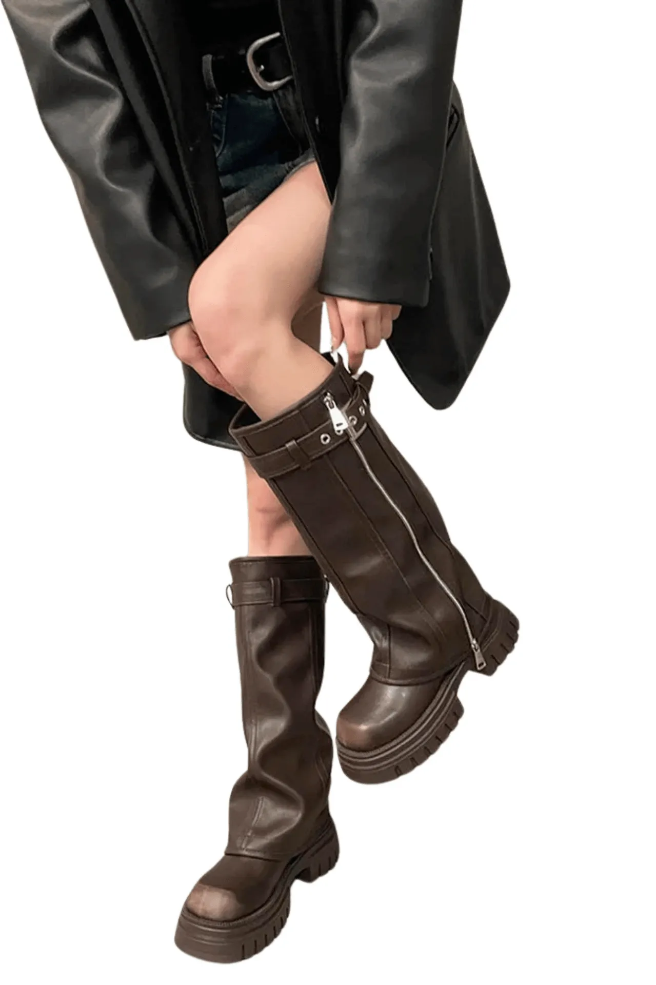 Women's Fashion Belt Buckle Knee High Boots Ladies Elegant Platform Long Pipe Booties Casual Women's Knee High Booties