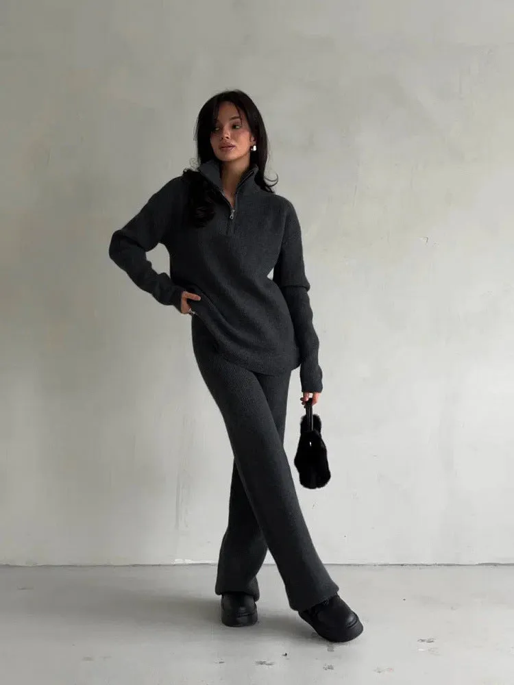 Zipped Lapeled Sweater&Trousers 2Pcs