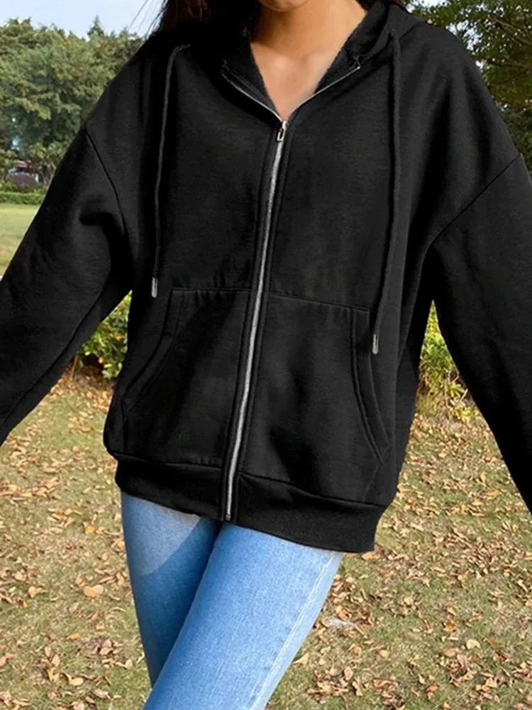 Zipper Hooded Drawstring Long Sleeve Women's Hoodies Solid Color Stylish Comfy Sweatshirt Autumn Black White Hooded Female Tops